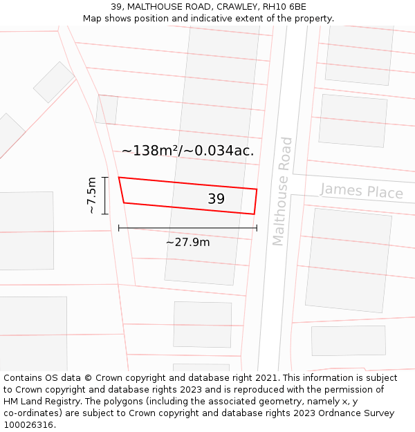 39, MALTHOUSE ROAD, CRAWLEY, RH10 6BE: Plot and title map