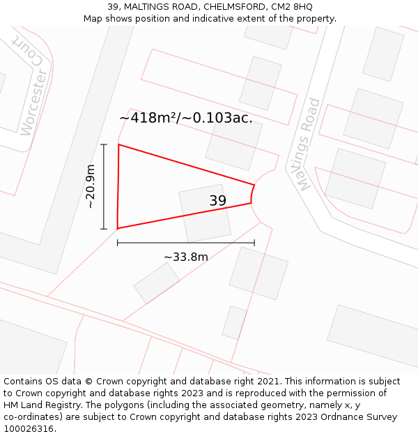 39, MALTINGS ROAD, CHELMSFORD, CM2 8HQ: Plot and title map