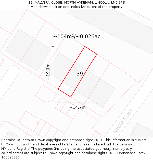 39, MALVERN CLOSE, NORTH HYKEHAM, LINCOLN, LN6 9PS: Plot and title map