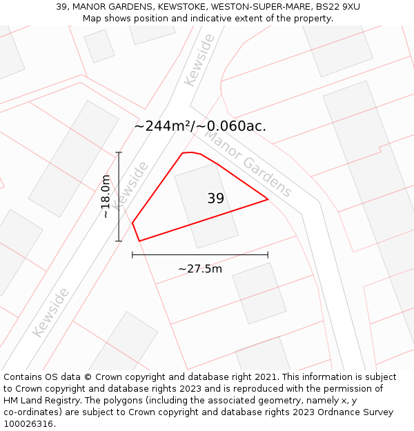 39, MANOR GARDENS, KEWSTOKE, WESTON-SUPER-MARE, BS22 9XU: Plot and title map