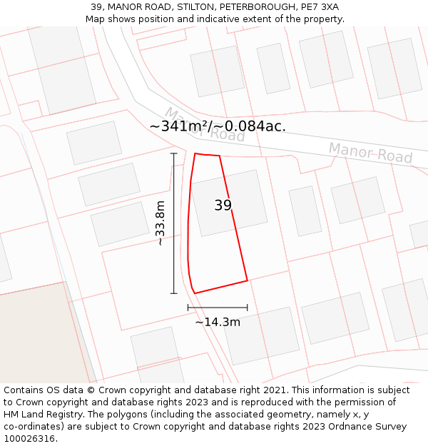 39, MANOR ROAD, STILTON, PETERBOROUGH, PE7 3XA: Plot and title map