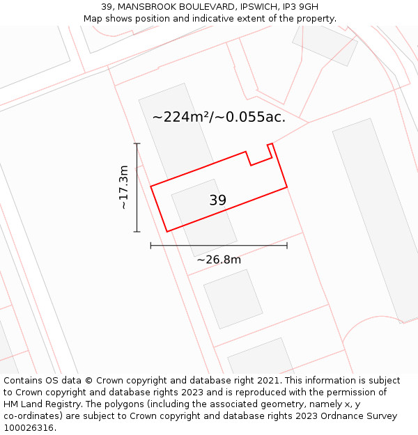 39, MANSBROOK BOULEVARD, IPSWICH, IP3 9GH: Plot and title map