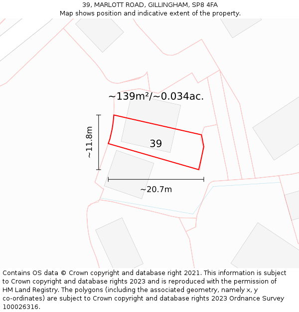 39, MARLOTT ROAD, GILLINGHAM, SP8 4FA: Plot and title map