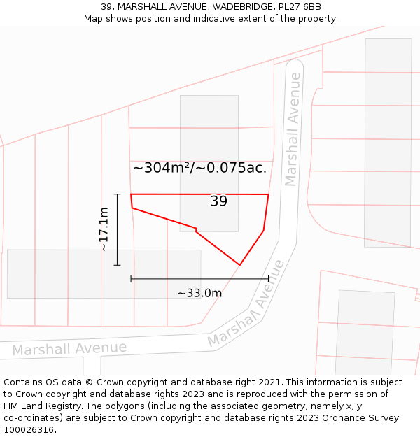 39, MARSHALL AVENUE, WADEBRIDGE, PL27 6BB: Plot and title map