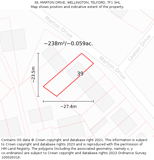 39, MARTON DRIVE, WELLINGTON, TELFORD, TF1 3HL: Plot and title map
