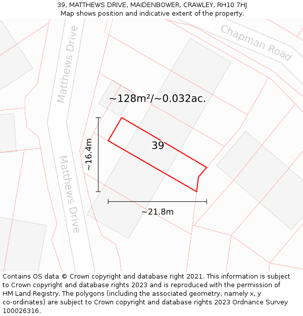 39, MATTHEWS DRIVE, MAIDENBOWER, CRAWLEY, RH10 7HJ: Plot and title map