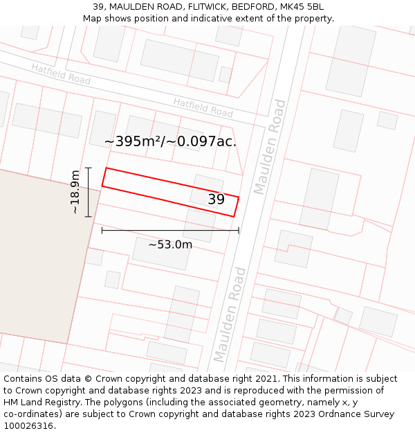 39, MAULDEN ROAD, FLITWICK, BEDFORD, MK45 5BL: Plot and title map