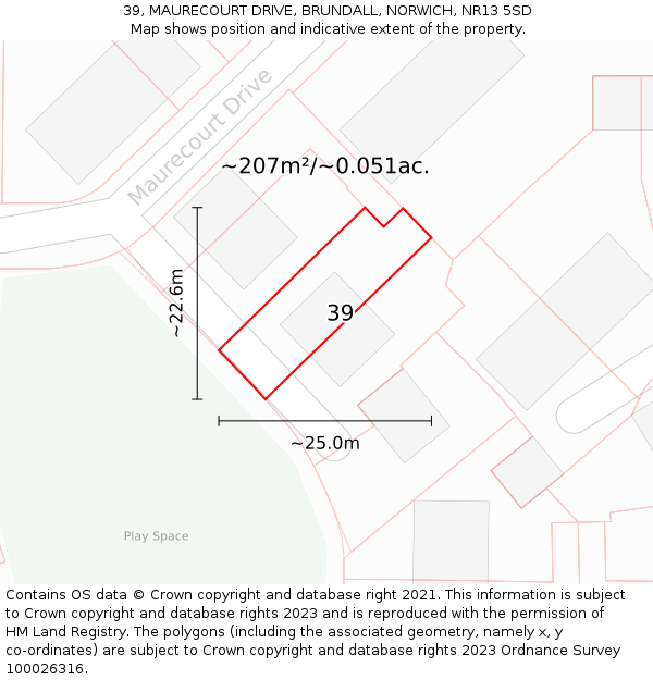 39, MAURECOURT DRIVE, BRUNDALL, NORWICH, NR13 5SD: Plot and title map