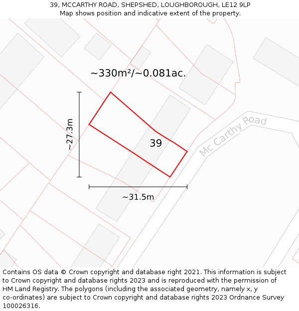 39, MCCARTHY ROAD, SHEPSHED, LOUGHBOROUGH, LE12 9LP: Plot and title map