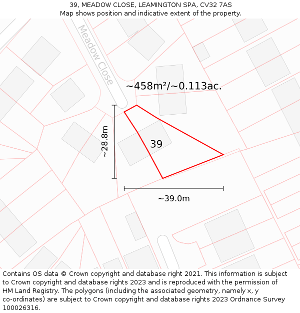 39, MEADOW CLOSE, LEAMINGTON SPA, CV32 7AS: Plot and title map