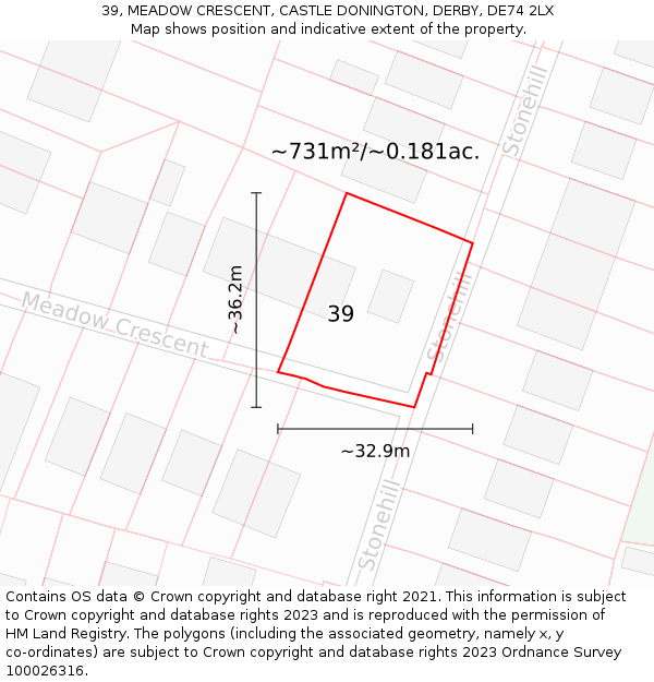 39, MEADOW CRESCENT, CASTLE DONINGTON, DERBY, DE74 2LX: Plot and title map