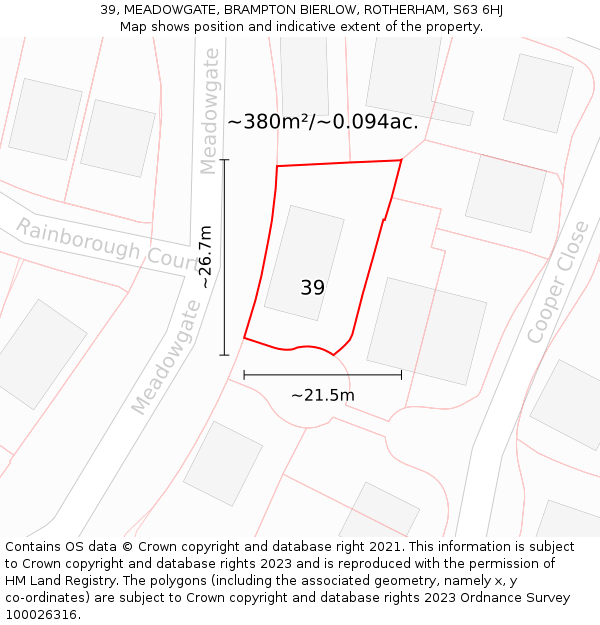 39, MEADOWGATE, BRAMPTON BIERLOW, ROTHERHAM, S63 6HJ: Plot and title map