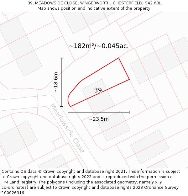 39, MEADOWSIDE CLOSE, WINGERWORTH, CHESTERFIELD, S42 6RL: Plot and title map