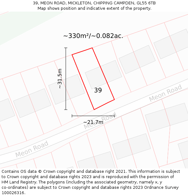 39, MEON ROAD, MICKLETON, CHIPPING CAMPDEN, GL55 6TB: Plot and title map