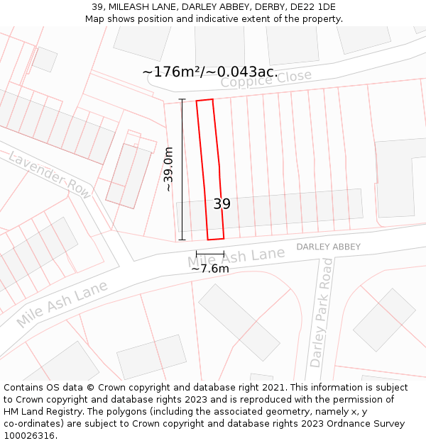 39, MILEASH LANE, DARLEY ABBEY, DERBY, DE22 1DE: Plot and title map