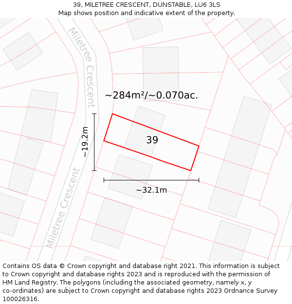 39, MILETREE CRESCENT, DUNSTABLE, LU6 3LS: Plot and title map