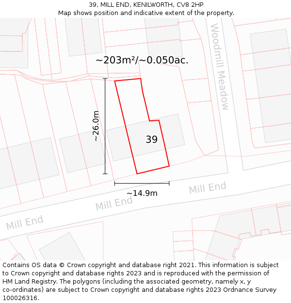 39, MILL END, KENILWORTH, CV8 2HP: Plot and title map