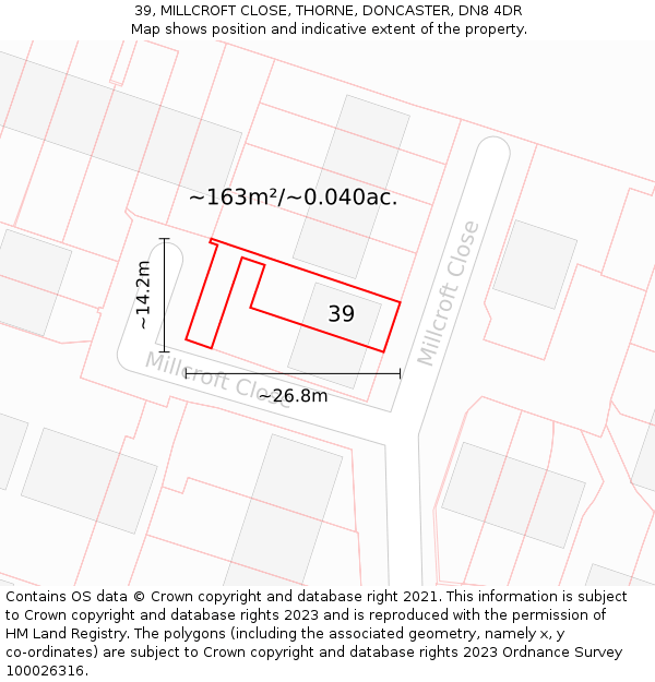 39, MILLCROFT CLOSE, THORNE, DONCASTER, DN8 4DR: Plot and title map