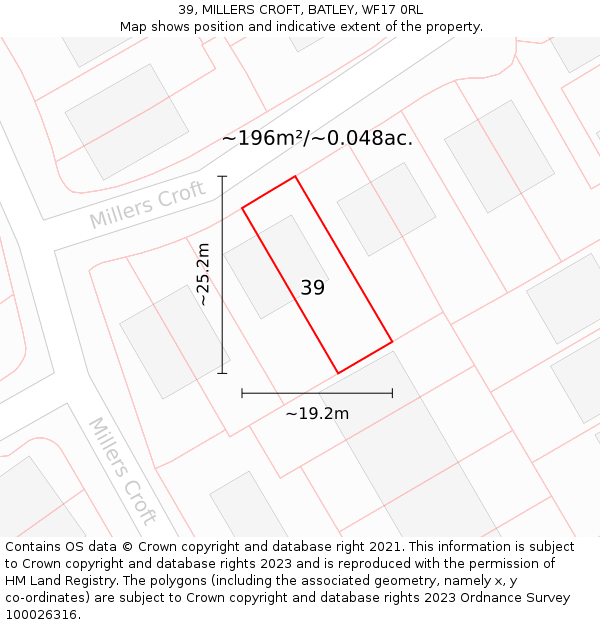 39, MILLERS CROFT, BATLEY, WF17 0RL: Plot and title map