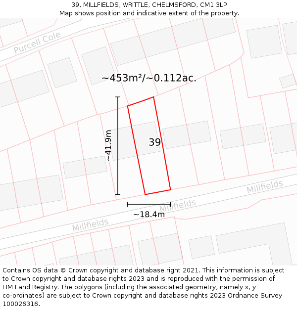 39, MILLFIELDS, WRITTLE, CHELMSFORD, CM1 3LP: Plot and title map