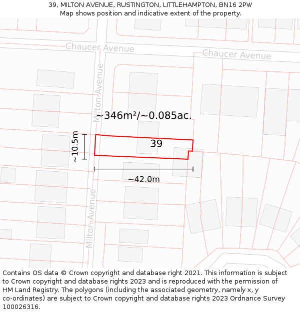 39, MILTON AVENUE, RUSTINGTON, LITTLEHAMPTON, BN16 2PW: Plot and title map