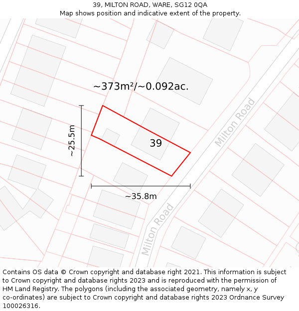 39, MILTON ROAD, WARE, SG12 0QA: Plot and title map