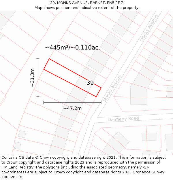 39, MONKS AVENUE, BARNET, EN5 1BZ: Plot and title map