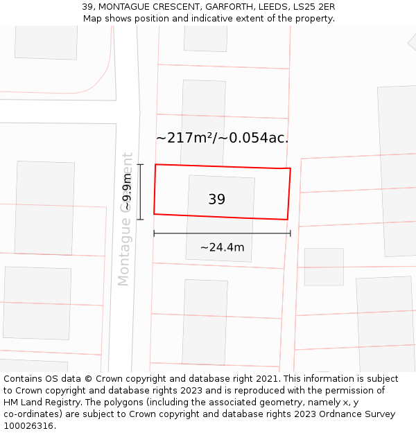 39, MONTAGUE CRESCENT, GARFORTH, LEEDS, LS25 2ER: Plot and title map