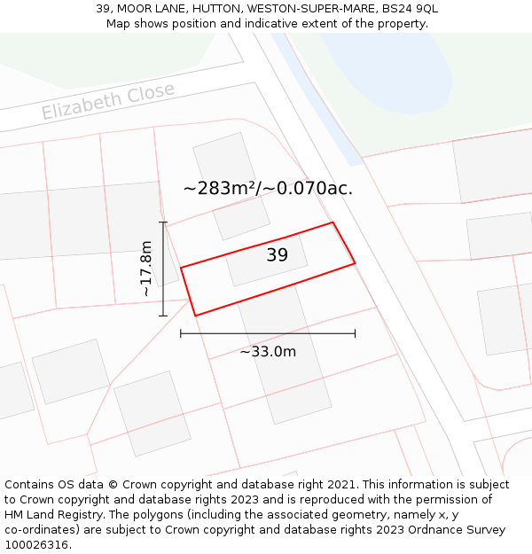39, MOOR LANE, HUTTON, WESTON-SUPER-MARE, BS24 9QL: Plot and title map