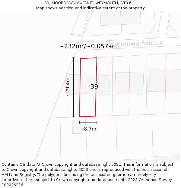 39, MOORDOWN AVENUE, WEYMOUTH, DT3 6HU: Plot and title map