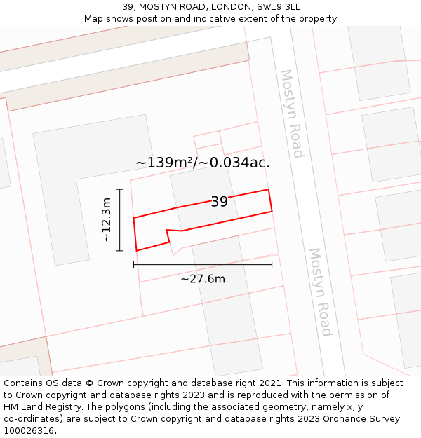 39, MOSTYN ROAD, LONDON, SW19 3LL: Plot and title map