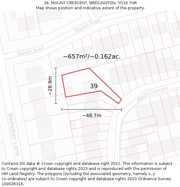 39, MOUNT CRESCENT, BRIDLINGTON, YO16 7HR: Plot and title map