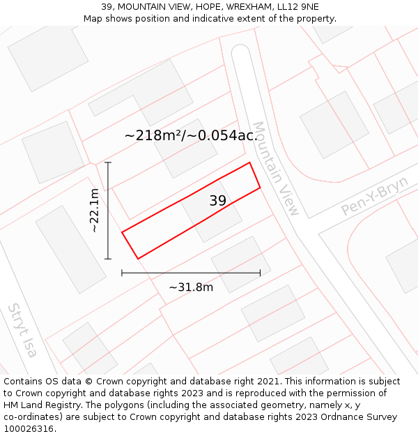 39, MOUNTAIN VIEW, HOPE, WREXHAM, LL12 9NE: Plot and title map