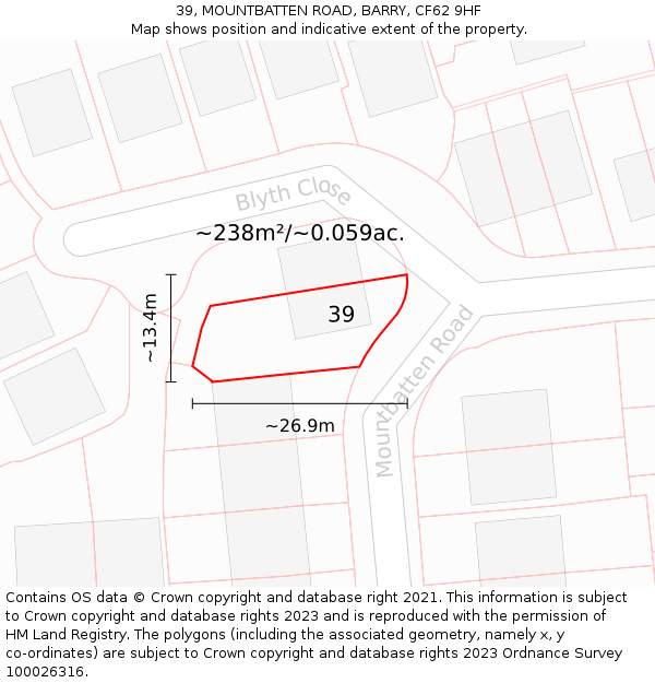 39, MOUNTBATTEN ROAD, BARRY, CF62 9HF: Plot and title map