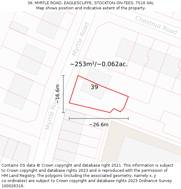 39, MYRTLE ROAD, EAGLESCLIFFE, STOCKTON-ON-TEES, TS16 0AL: Plot and title map