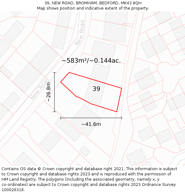 39, NEW ROAD, BROMHAM, BEDFORD, MK43 8QH: Plot and title map