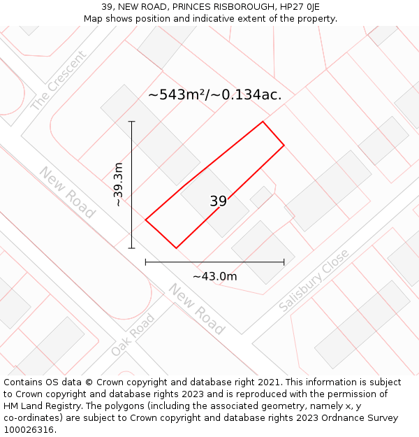 39, NEW ROAD, PRINCES RISBOROUGH, HP27 0JE: Plot and title map