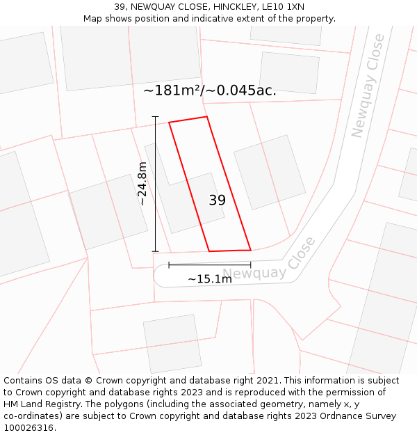 39, NEWQUAY CLOSE, HINCKLEY, LE10 1XN: Plot and title map
