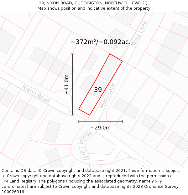 39, NIXON ROAD, CUDDINGTON, NORTHWICH, CW8 2QL: Plot and title map