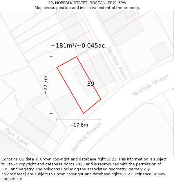 39, NORFOLK STREET, BOSTON, PE21 6PW: Plot and title map