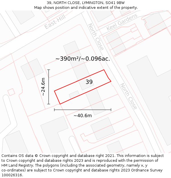 39, NORTH CLOSE, LYMINGTON, SO41 9BW: Plot and title map