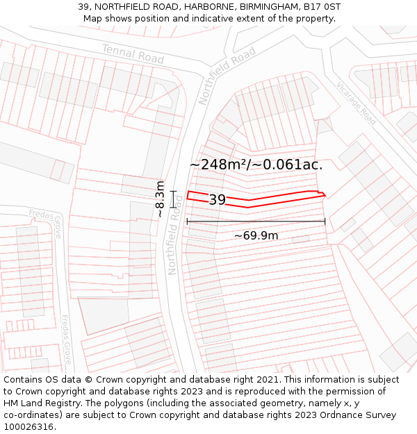 39, NORTHFIELD ROAD, HARBORNE, BIRMINGHAM, B17 0ST: Plot and title map