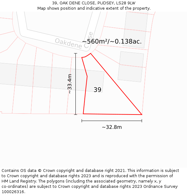 39, OAK DENE CLOSE, PUDSEY, LS28 9LW: Plot and title map