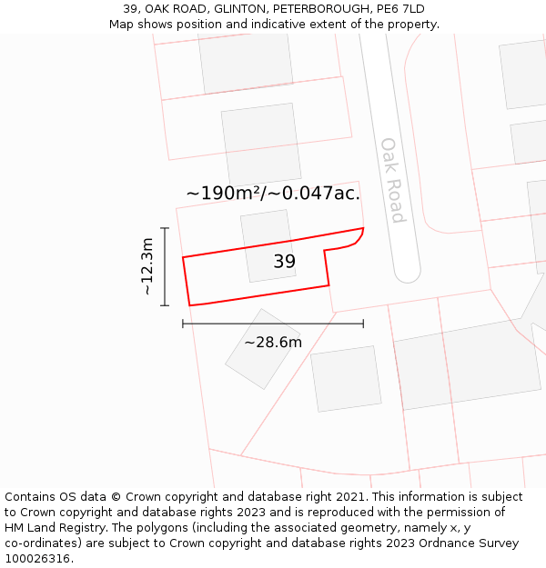 39, OAK ROAD, GLINTON, PETERBOROUGH, PE6 7LD: Plot and title map
