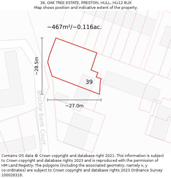 39, OAK TREE ESTATE, PRESTON, HULL, HU12 8UX: Plot and title map