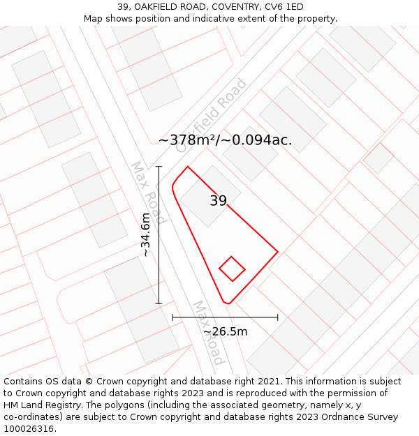 39, OAKFIELD ROAD, COVENTRY, CV6 1ED: Plot and title map
