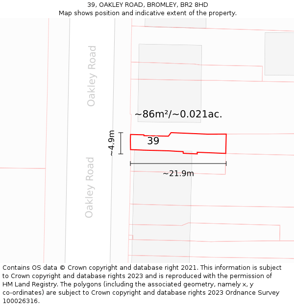 39, OAKLEY ROAD, BROMLEY, BR2 8HD: Plot and title map