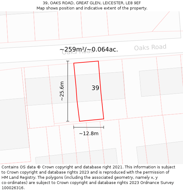 39, OAKS ROAD, GREAT GLEN, LEICESTER, LE8 9EF: Plot and title map