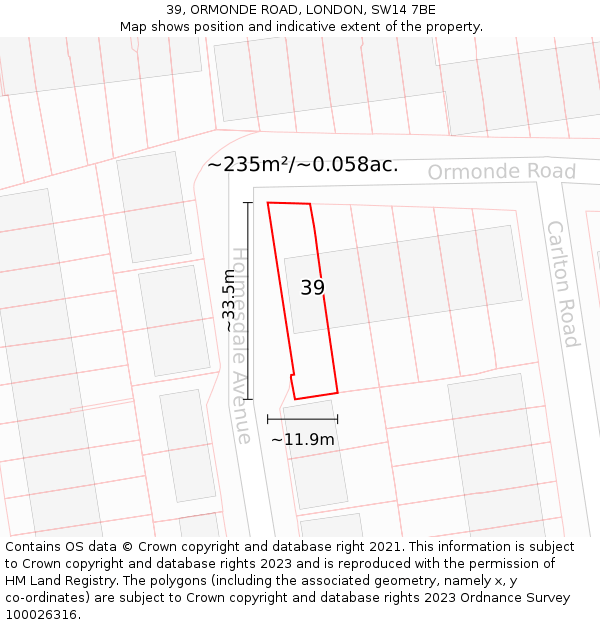 39, ORMONDE ROAD, LONDON, SW14 7BE: Plot and title map