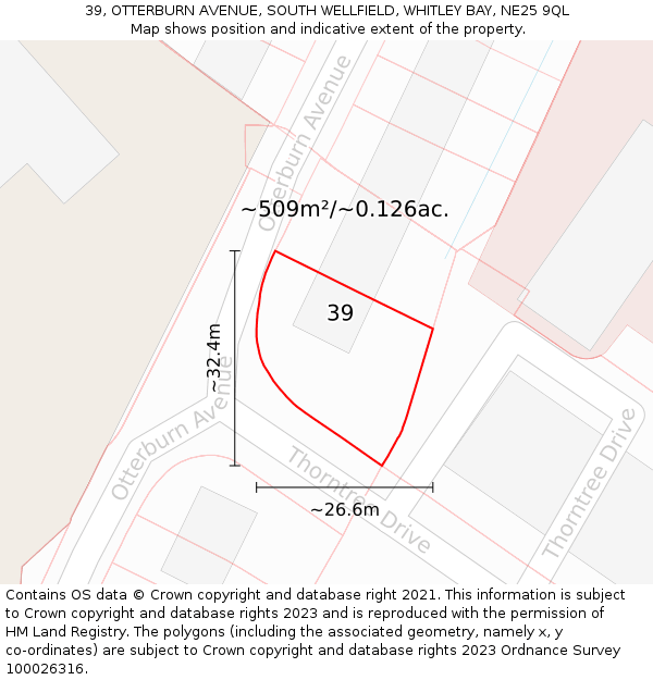 39, OTTERBURN AVENUE, SOUTH WELLFIELD, WHITLEY BAY, NE25 9QL: Plot and title map